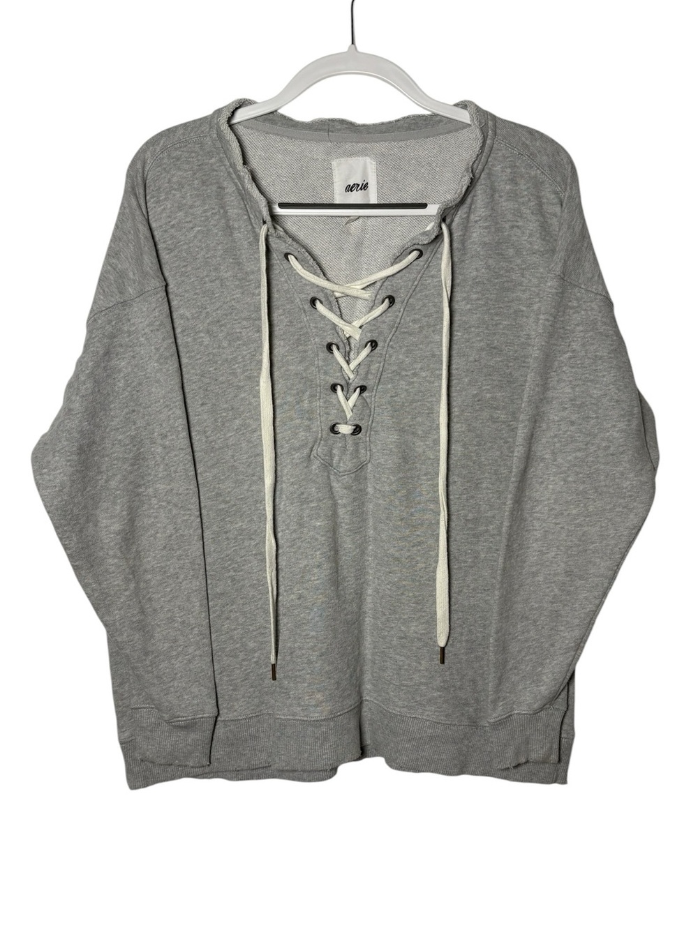 Aerie Gray Lace Up Sweatshirt XS Oversized Athleisure V Neck Pullover